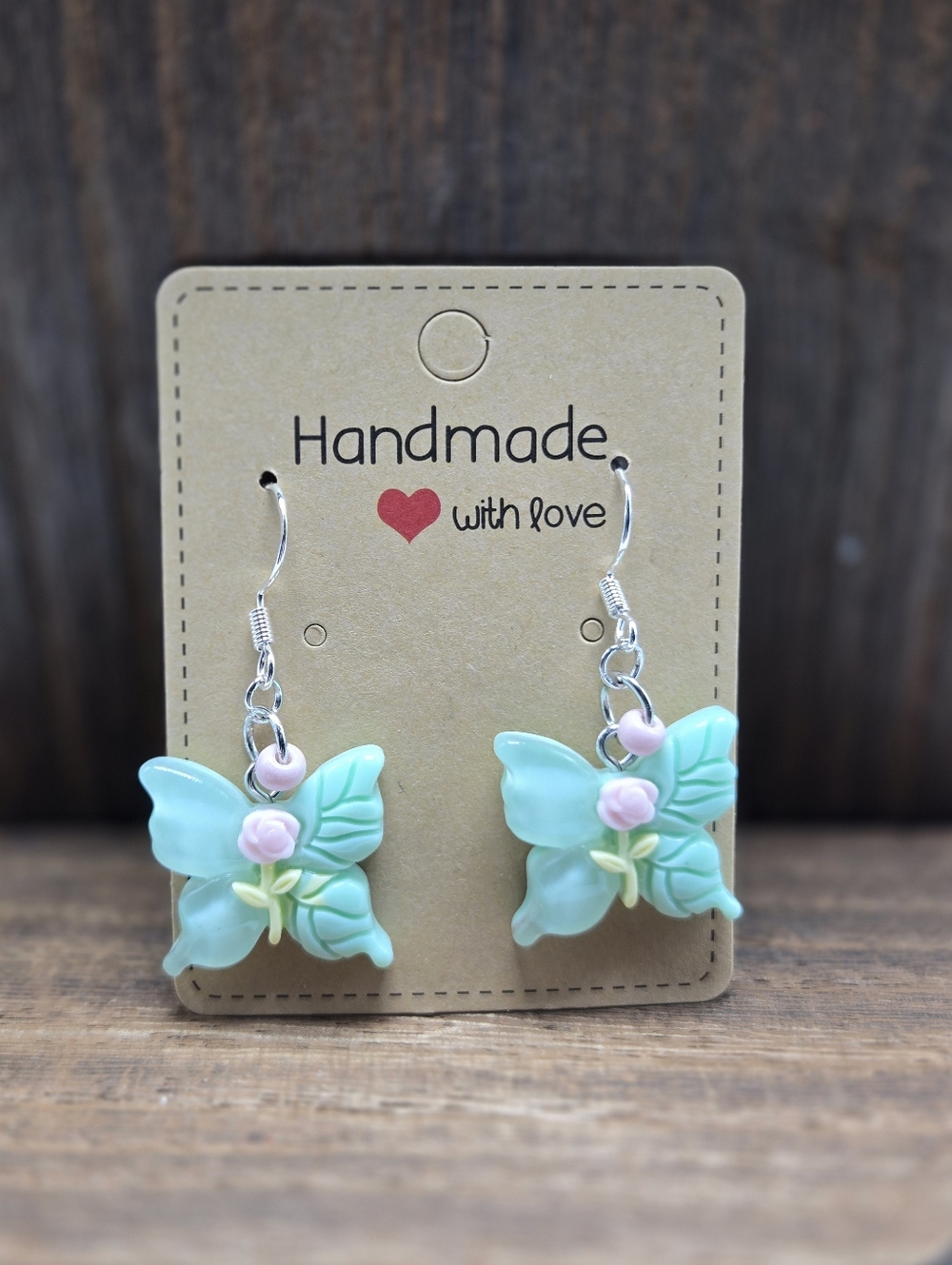 NWT Rose Butterfly Earrings Pierced Acrylic Glass Bead Dangle Drop Light Weight